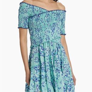 Floral Off-Shoulder Dress Soledad Mini in Blue by Poupette St Barth